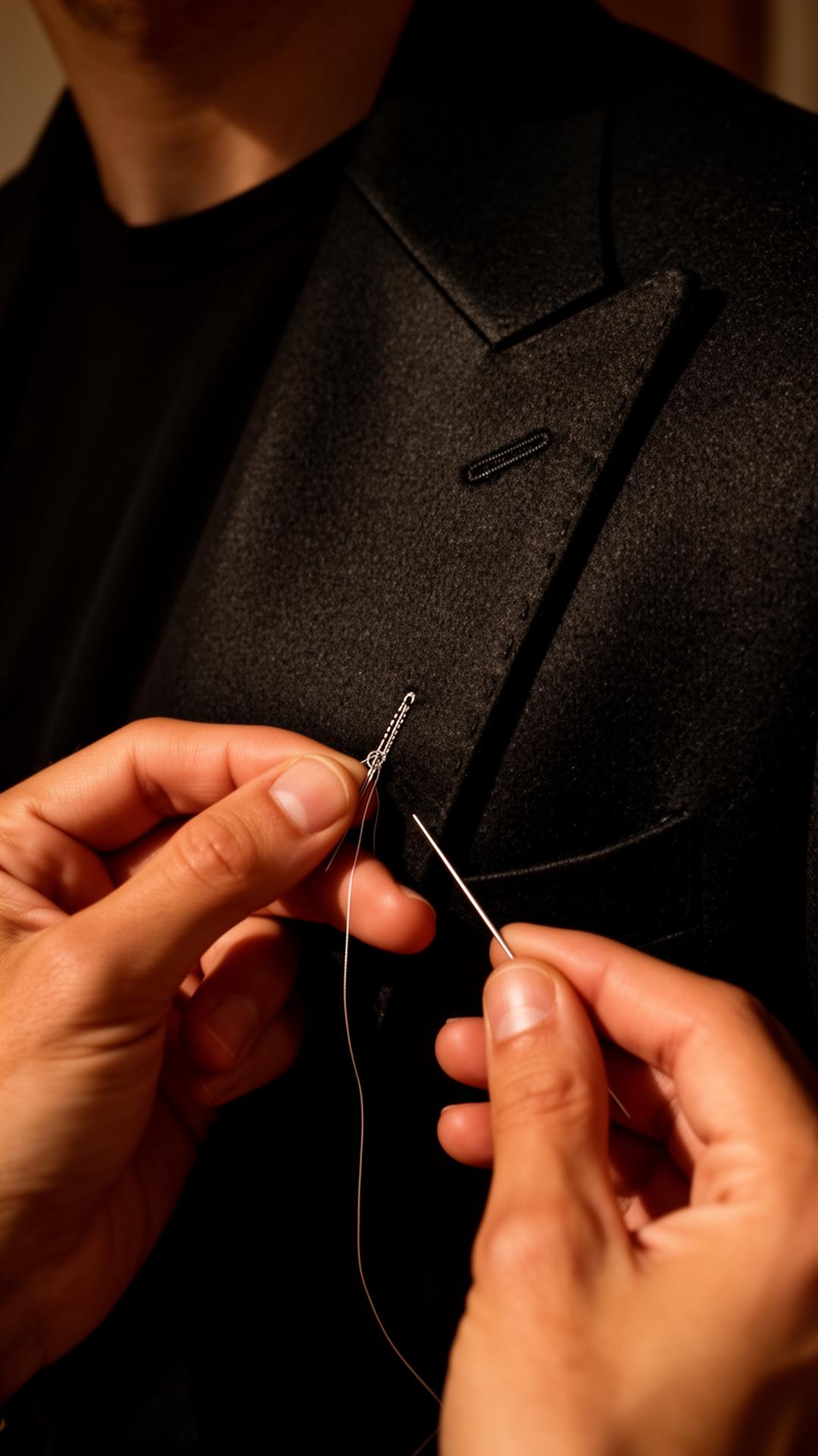 Hands stitching a tailored jacket lapel