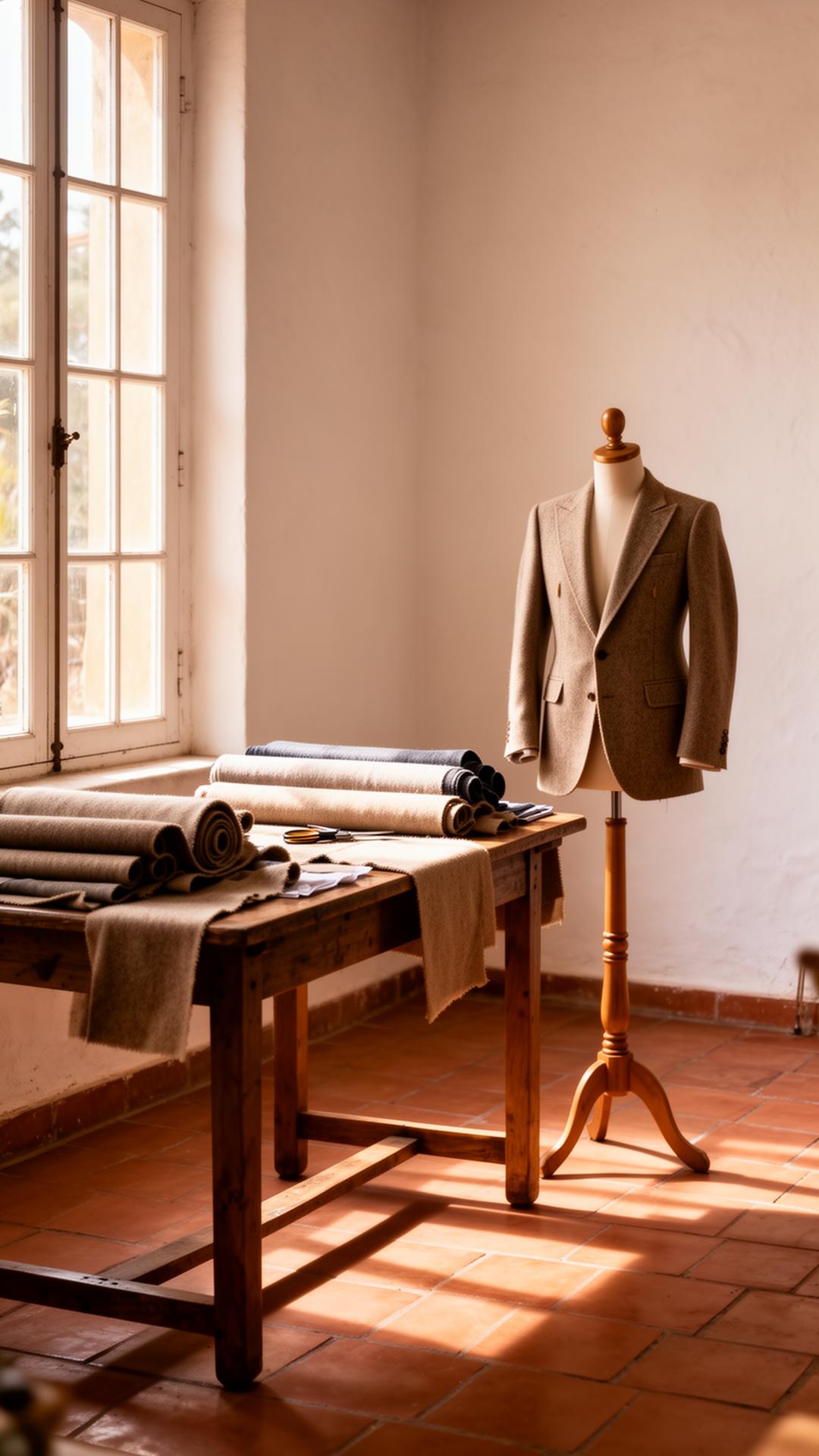 Atelier interior, natural light on hand-tailored garments